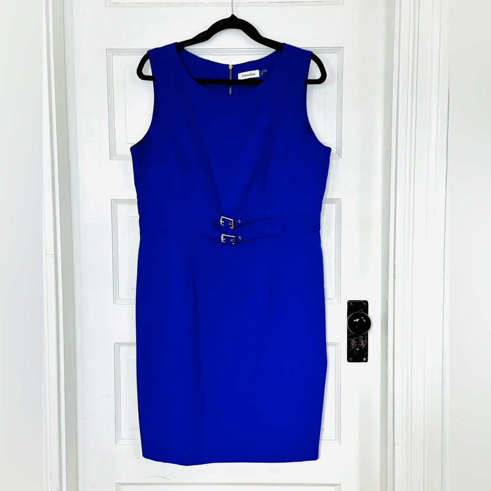 Calvin Klein Royal Blue Belted Sleeveless Crepe Career Dress, Size 14